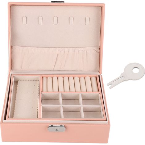 1 boîte à bijoux, rangement 2 niveaux, cuir PU, rose, pour bagues et boucles d'oreilles (1/5)