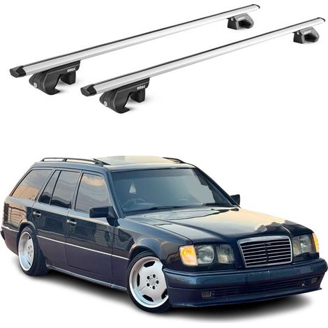 OMAC Dachträger Aluminium TÜV geprüft für Mercedes E Klasse S124 Kombi 1985-1996 – Für Standard Dachreling – T Nut – Max 90 kg – 2 Schlösser Silber (1/5)