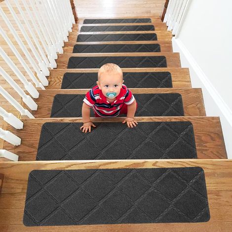 Tapis Marchettes D'escalier avec Adhésifs 15pcs 20 x 76cm Antidérapant et Esthétique pour Enfants Personnes âgées Animaux Domestiques—Gris (1/5)