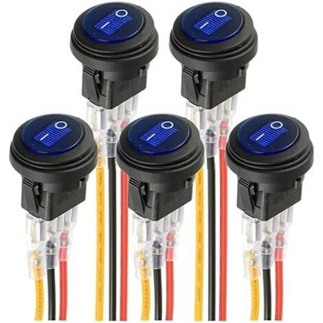 bleu LED interrupteur rond électroluminescent KCD1-8 interrupteur à bascule étanche 12V 20A marine et divers éclairage étanche à 3 broches avec commande par fil (5pcs) (1/5)