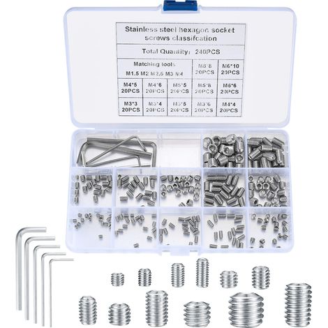 240 Pièces Assortiment de Vis Sans Tête,Vis à Tête Hex Creux M3/M4/M5/M6/M8 avec Clé, Vis à Tête Hexagonale en Acier Inoxydable, Vis Écrous Noyaux Tasse pour Poignées de Porte, Robinet (1/5)