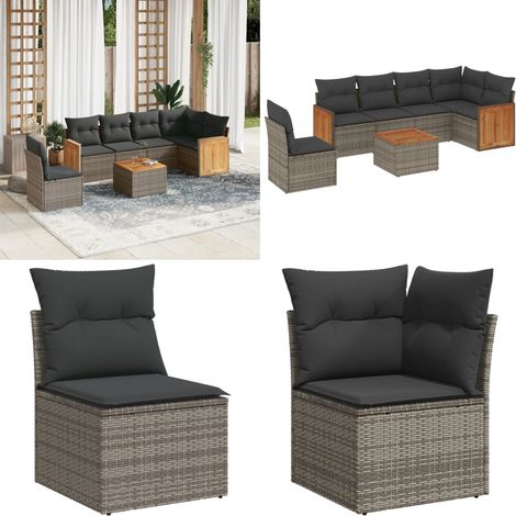 7-tlg. Garten-Sofagarnitur mit Kissen Grau Poly Rattan - Gartengeset - Gartenmöbelset - Outdoor Möbel - Lounge Set - Rattan Gartenmöbel - Home & Living (1/5)