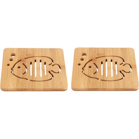 Lot de 2 sets de table carrés en bambou motif poissons et bulles 16 x 16 x 0,8 cm isolants thermiques pour protéger la table des casseroles et bols (1/5)