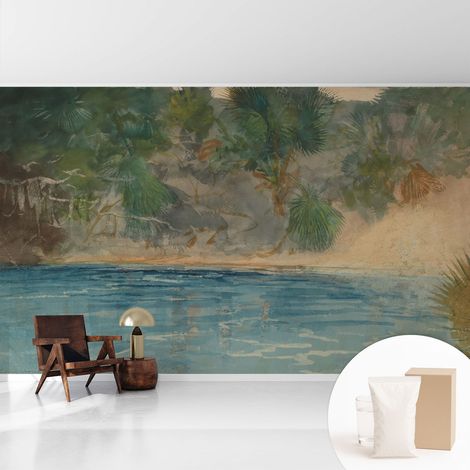 Tapete Vliestapete mit Kleber - Wanddekoration Wohnzimmer - Tapete Schlafzimmer Tropisches Ufer 416x254 cm (1/5)