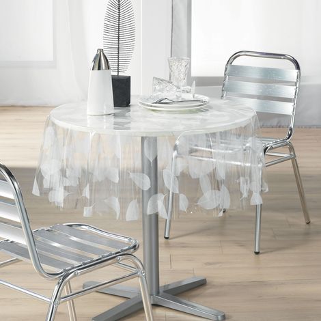 Nappe ronde transparente FEUILLE WHITE, Ø 140 cm, motif feuilles (1/2)