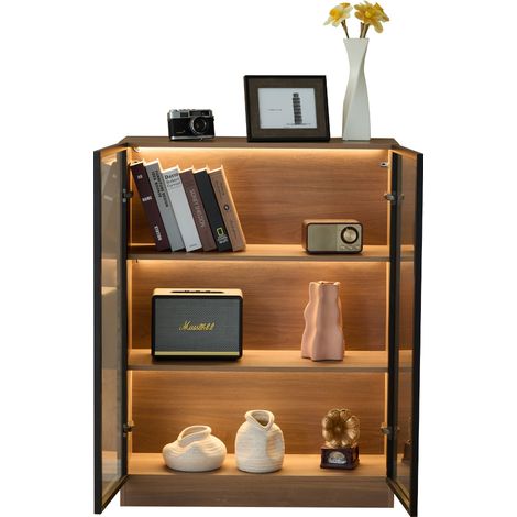 Vitrine en verre avec éclairage, finition naturelle – Armoire vitrée multifonction pour collections avec 3 étagères, dimensions P32 x H106 x L80 cm