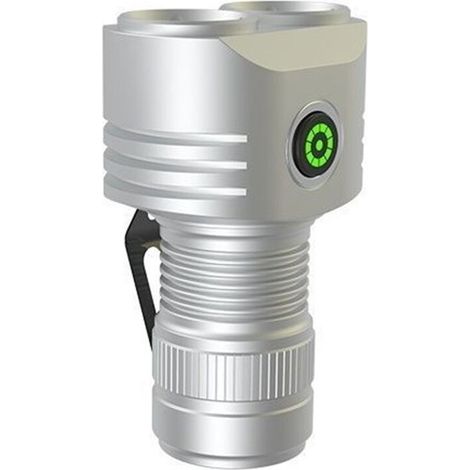 Wiederaufladbare tragbare Taschenlampe mit USB-Typ-C-Anschluss und 4 Leuchtmodi, ideal für Camping oder Notfälle, silberfarben.