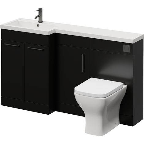 Napoli 390 Matt Black 1500mm 3 Door Vanity Unit Toilet Suite with Left Hand Square Lucia Basin - 1500mm - Gunmetal Grey 160mm HandleWith Kingston Toilet Pan and Seat