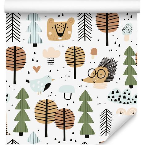 Papel pintado con hojas de árbol, erizos y ositos de peluche para salón y dormitorio, 50x1000 cm. (1/5)