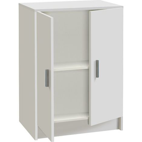 Pegane – Armoire basse en mélamine 2 portes blanche – Dimensions H80 x L59 x P37 cm – Rangement fonctionnel pour petits espaces (1/3)