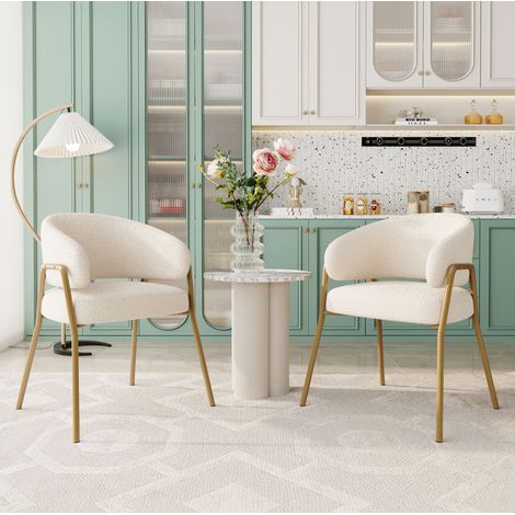 Silla de comedor blanca en fleece con patas doradas,49×48×78cm (1/5)