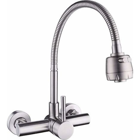 Robinet de Cuisine Mitigeur mural 304 acier inoxydable évier Rotatif à 360° Robinet Evier avec Flexible Tuyau (1/5)
