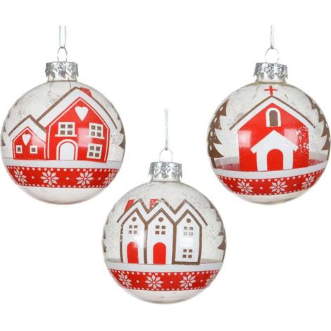 Decoris Sfera di Natale in Vetro Trasparente con Decoro Casetta - 8 cm