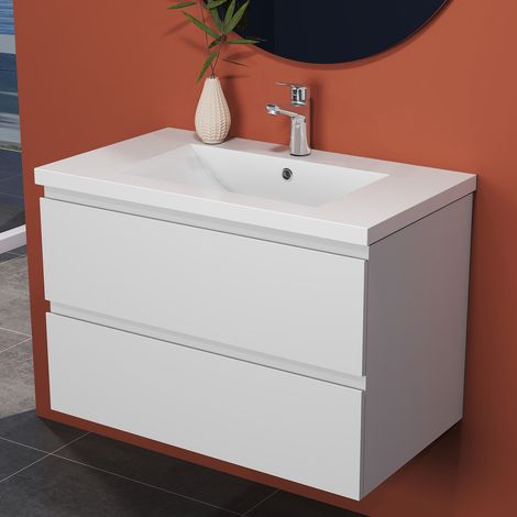 Mobile Bagno Moderno Sospeso con 2 Cassetti e Lavabo, Larghezza 79 cm, Sistema di Chiusura Ammortizzata, Colore Bianco Opaco. (1/5)