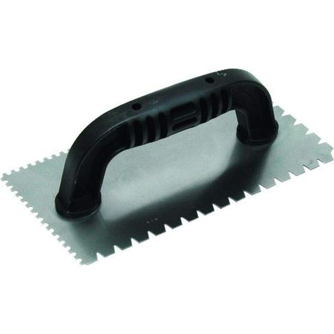 Marshalltown Spatola dentata, tacca: U 3x3x3 mm/piatto V 4,5x6x8 mm - 10 gradi accorciata con manico in plastica, in acciaio, per piastrellisti, dimensioni: 229x102 mm
