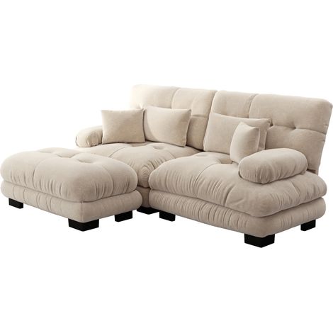 Sofá esquinero modular de chenilla color marrón claro con ottoman y 2 cojines HOMVRA (1/5)