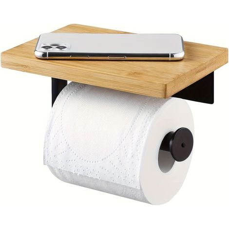 Porte Papier Toilette avec Etagère Bambou Salle de Bain Porte Rouleau en Acier Inoxydable SUS304 Support Mural Noir Mat,