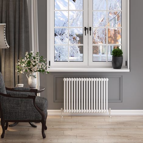 ELEGANT 600 x 830mm Double Bar Traditional Horizontal Column Radiator White with Chrome Thermostatic Radiator Valves (1/5)