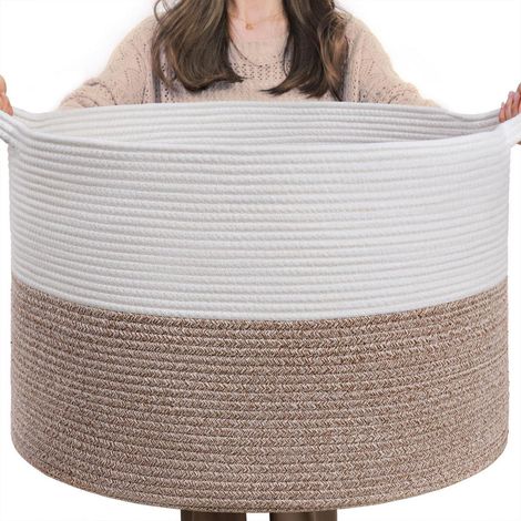 XXL Wäschekorb aus Baumwolle, Aufbewahrungskorb mit Griff, 55x35cm, Weiß/Braun (1/5)