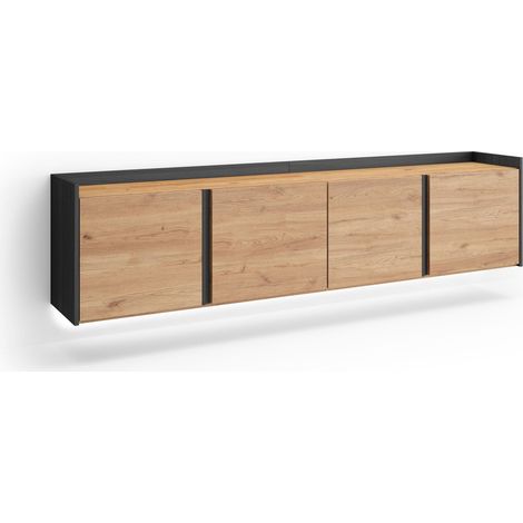Skraut Home - Mueble TV, Televisión, Muebles de salón, almacenaje, 207x35x50cm, Para TV hasta 80", Colgado, Suspendido, LED, Estilo Moderno, Roble y negro (1/5)