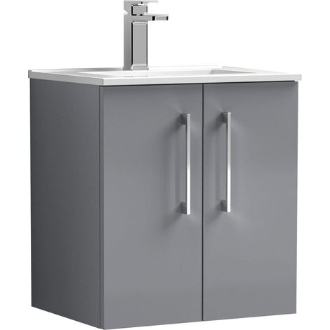 Balterley Bramshall Modern Bathroom 2 Soft Close Door & Minimalist Wall Hung Vanity Unit Basin, Satin Grey, 500mm