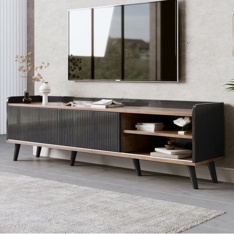 Mueble TV con cajones y puertas correderas negras salón OKMYHOME (1/5)