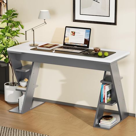 Bureau multifonctionnel avec six compartiments de rangement et pied en X, design coordonné, MDF – 120 x 50 x 74 cm, gris et blanc (1/5)