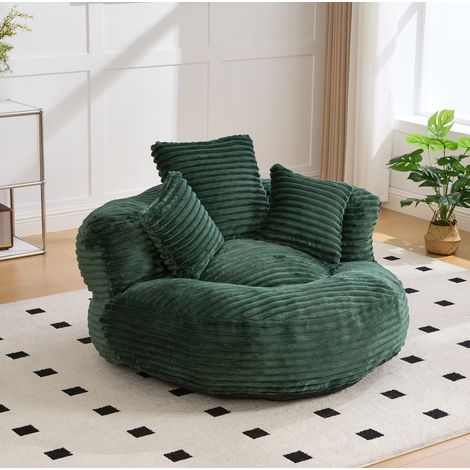 Fauteuil poire avec dossier haut, accoudoirs et 3 coussins, velours côtelé vert foncé DESVIAE (1/5)