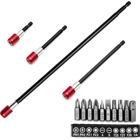 14 Pièces Rallonge Embout Visseuse, 1/4" Porte Embout Visseuse 60/100/150/300mm Avec 10 Porte-Embouts d'extension, Embout Visseuse Aimanté Adapté Aux Perceuses et Tournevis (1/5)