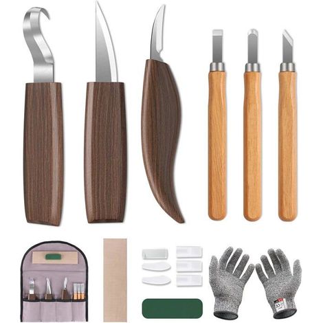 Lot de 10 outils de sculpture sur bois, kit de sculpture sur bois avec 3 ciseaux à bois, 3 couteaux à sculpter le bois, gants, sac (1/5)