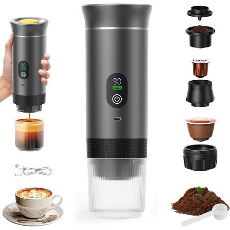 Cafetière Portable 3 en 1,Rechargeable Cafetière Portable de Voyage,12V Expresso Machine a Cafe pour Capsule,Café Moulu,pour Camping,Voyage,Bureau,Voiture,Maison (Gris) (1/5)