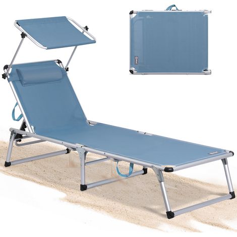 HOMECALL Gartenliege Leicht Sonnenliege Klappbar Alu Liegestuhl Strandliege 1-tlg, 5 fach Verstellbare Rückenlehne, Sonnenschutzdach, bis 120KG--blau