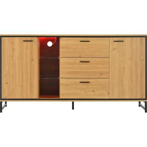 Credenza moderna in legno naturale e nero con 3 cassetti e vani espositivi, MODENUIT (1/5)