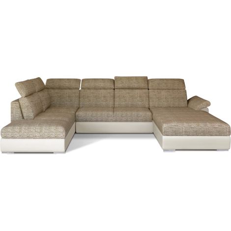 Canapé Convertible Panoramique LEVANO Tissu et Simili Cuir, Têtières à droite-Beige clair/Beige chiné-Coffre à droite (1/5)