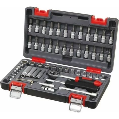 Drakkar Equipement – Coffret cliquet et douilles 56 pièces – 1 cliquet 1/4" réversible 24 dents – 6 douilles TX E4-E5-E6-E7-E8 – 24 embouts PH1-PH2-PH3 (1/3)