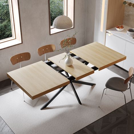 Mesa extensible 140-180 x 80 x 76 cm con almacenamiento oculto, MDF y metal, natural HAVRYA (1/5)