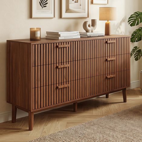 Commode 6 tiroirs ,commode indépendante, buffet, motif rayé, 100 x 34 x 73 cm, Couleur bois de noyer,MDF (1/5)