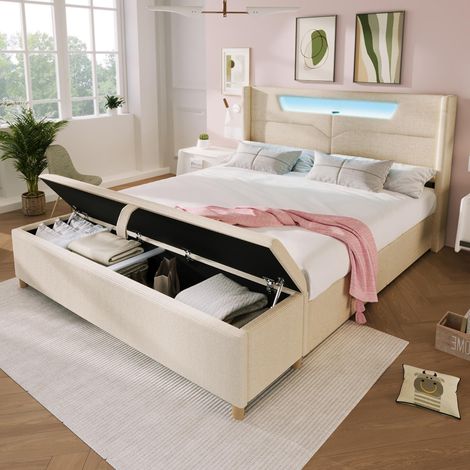 Lit capitonné 140x200 avec LED et USB-C en lin beige + banquette de lit 145x38 avec rangement hydraulique aspect velours côtelé, sommier à lattes inclus (matelas non inclus) (1/5)