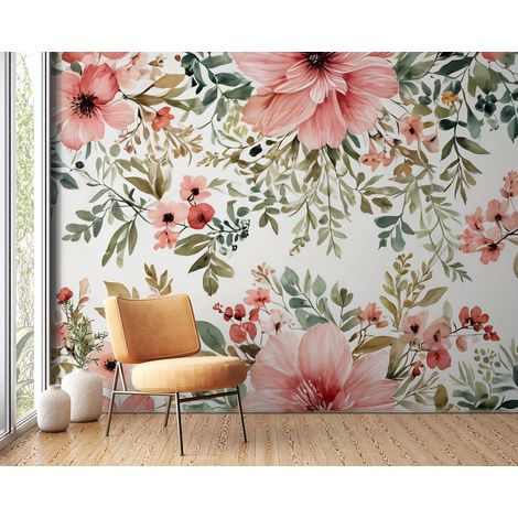 Papier peint fleuri - roses sauvages champêtres - 150 x 250 cm (1/2)