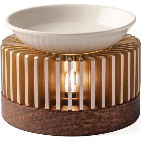 1 Lampe à Parfum Aluminium Anodisé et Bois, Diffuseur d'Huile avec Bol Céramique 70ml, Veilleuse Ambiance pour Maison (1/5)