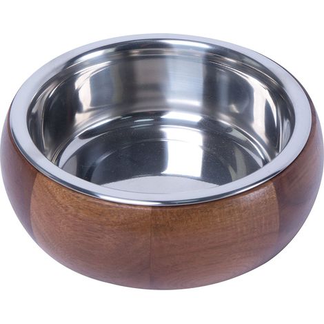Gamelle pour Chien - Diamètre : 23 cm - Hauteur : 7,8 cm - Bois et Acier Inoxydable - Marron (1/2)
