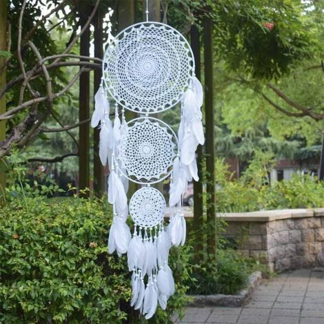 Large 3 Circle Dream Catcher White Feathers Macrame Hanging Dreamcatcher for Vintage Wedding Decoration Circle MUMU (1/4)