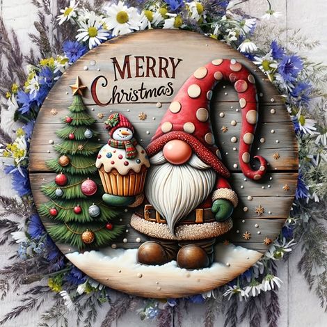 Panneau Décoratif Noël - Panneau Rond en Bois avec Motif Bonhomme de Neige et Arbre de Noël - Décoration Murale ou Porte d'Entrée - 1 Pièce (1/5)