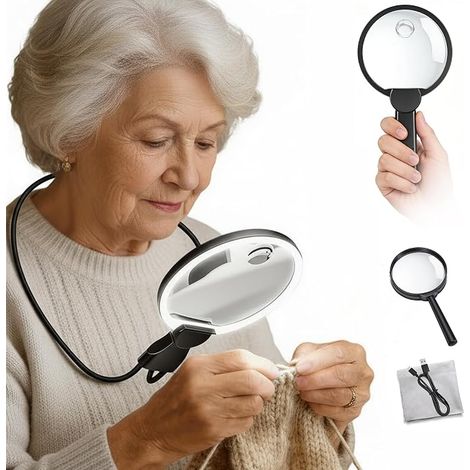 Magnifying Glass with Rechargeable Light Adjustable Reading Magnifying Glass for Hands Free Reading and Working Close Flexible Gooseneck Magnifier for Sewing Visually Impaired Repair Elderly People Bl (1/5)