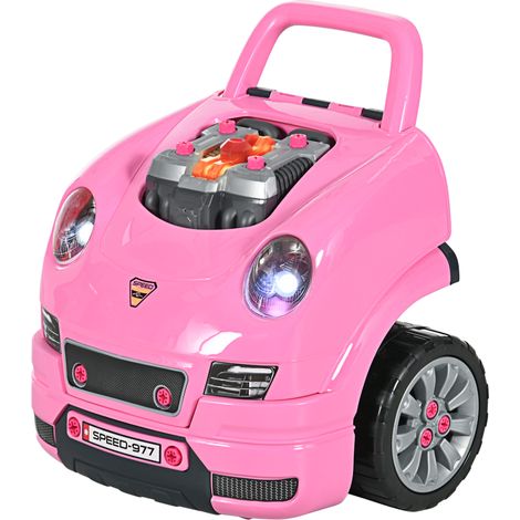 Jeu de moteur pour enfants 61 pièces Volant Klaxon Phares Boîte rangement Roues Rose 40x39x47 cm