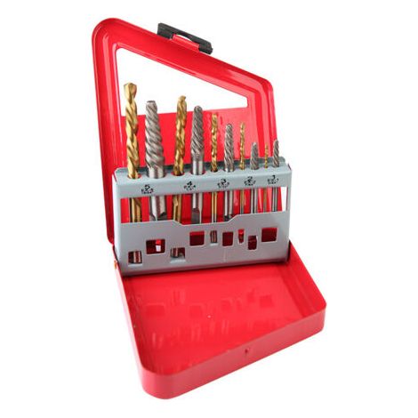 Sollbry Lot de 10 extracteurs de vis, forets hélicoïdaux, mèches impériales, en acier au carbone, perceuse à vis et extracteur, outils de retrait de porte-boulons dans un boîtier en fer suspendu (1/4)