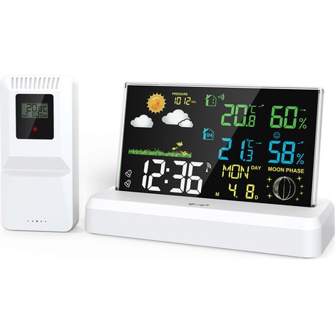 Thermomètre et hygromètre d'intérieur et d'extérieur, thermomètre météo domestique, écran couleur, réveil, prévisions météo, rétroéclairage réglable sur 3 niveaux, baromètre (1/5)