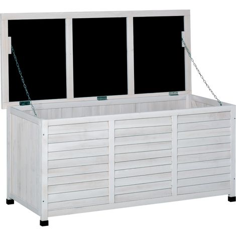 Coffre de rangement extérieur en bois de sapin avec fond surélevé et couvercle, étanche, 127 x 56 x 60 cm, blanc