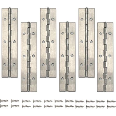 Lot de 6 charnières piano en acier inoxydable argenté de 15 cm, pour les portes, les boîtes en bois à monter soi même et les armoiress incluses. (1/5)