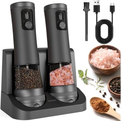 Set di macinapepe elettrico con indicatore del livello della batteria. Macinapepe automatico con 5 impostazioni di macinatura regolabili per macinare pepe e frutti di mare. (1/5)
